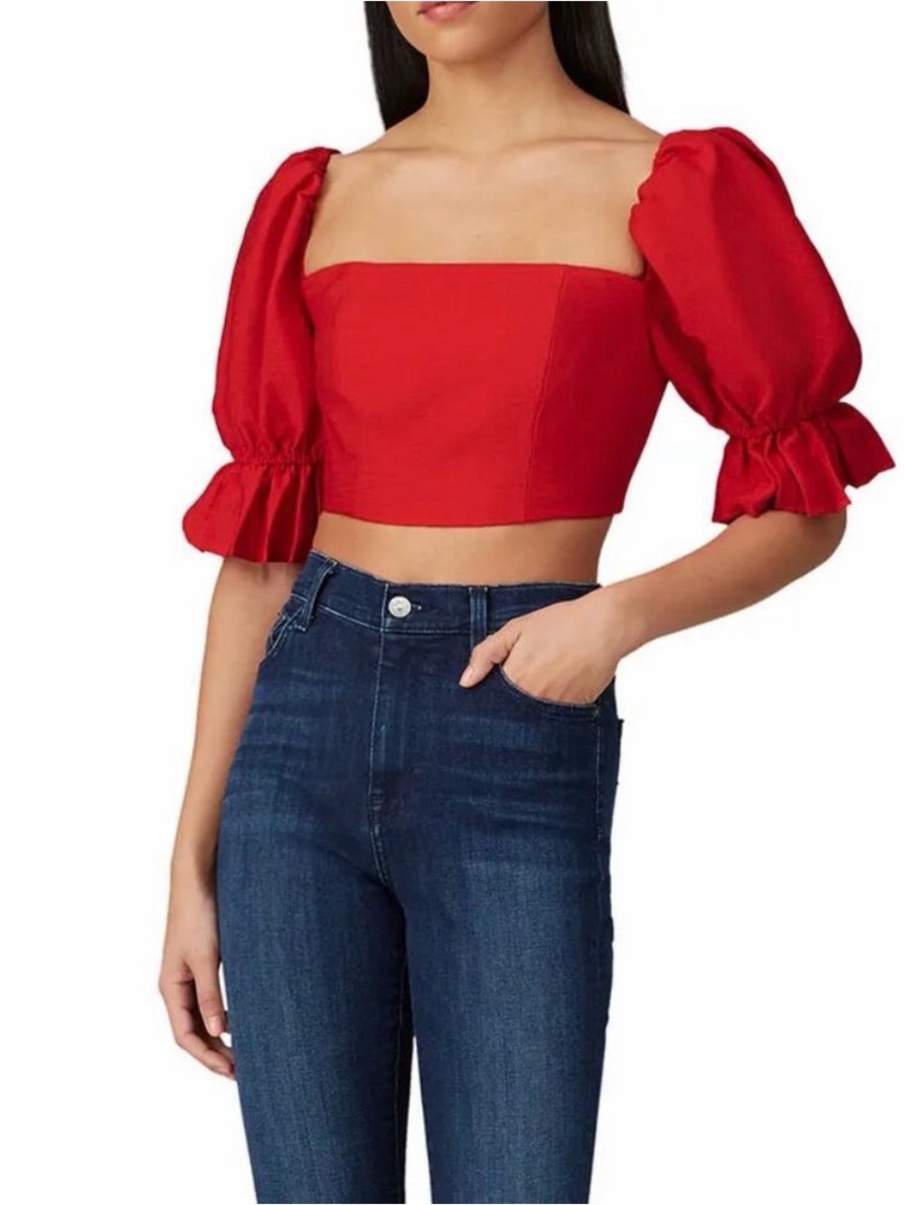 C/MEO Collective Red Puff-Sleeve Square Crop Top